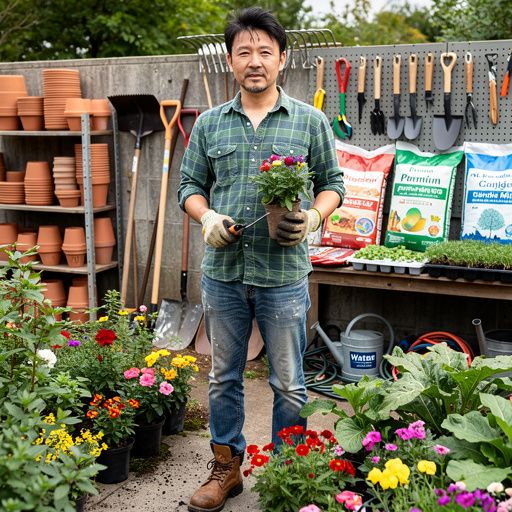 ガーデニングの手入れをしている人の後ろ姿